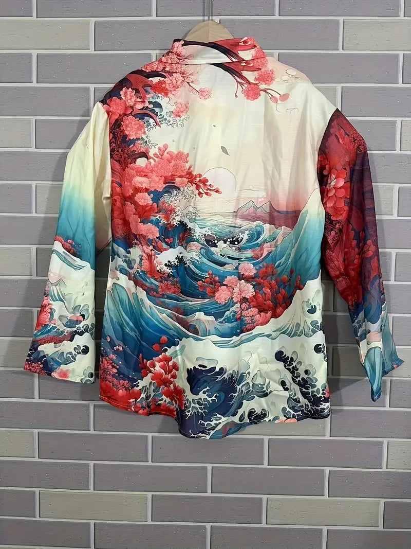 Vintage Blue Floral Art Print Casual Shirt with Pocket