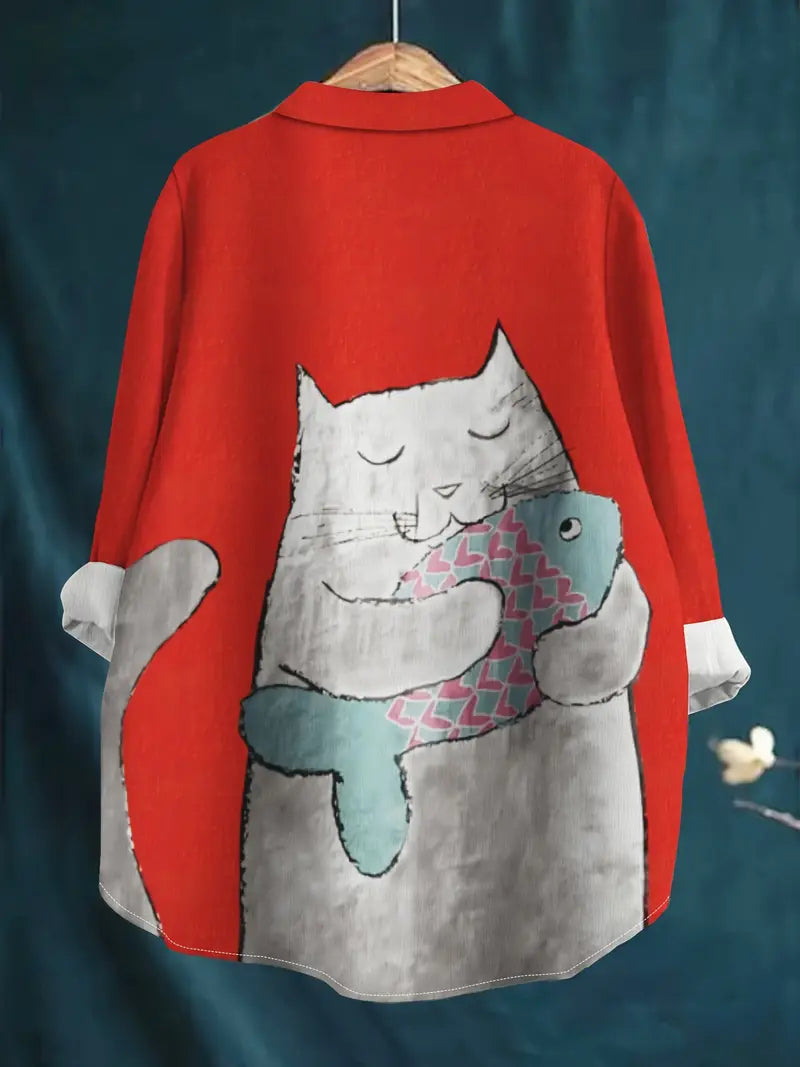 Vintage Fish & Cat Art Print Casual Shirt with Pocket