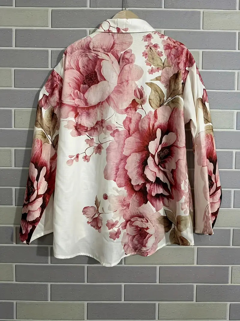 Vintage Big Rose Art Print Casual Shirt with Pocket