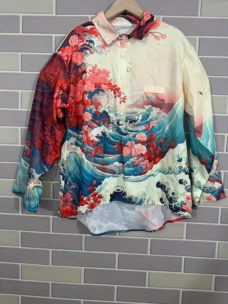 Vintage Blue Floral Art Print Casual Shirt with Pocket