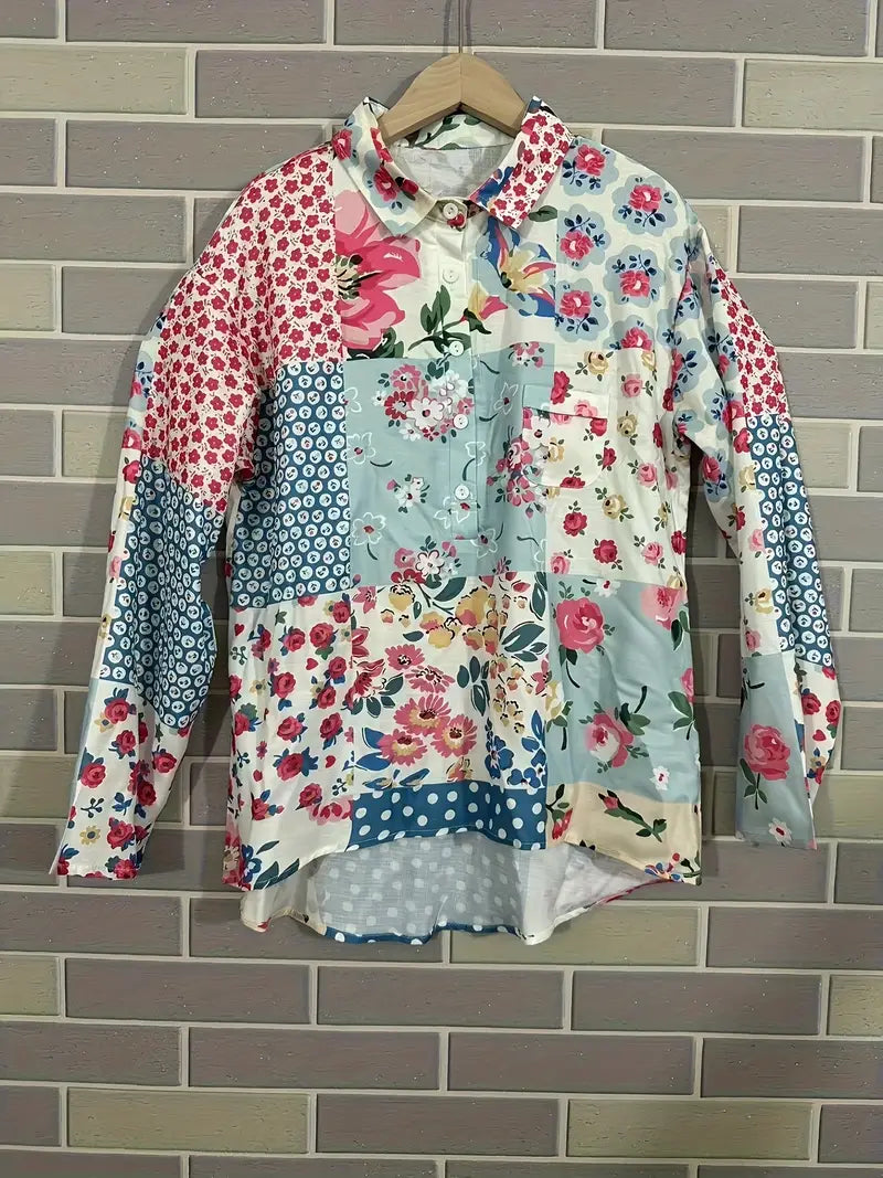 Vintage White Floral Art Print Casual Shirt with Pocket