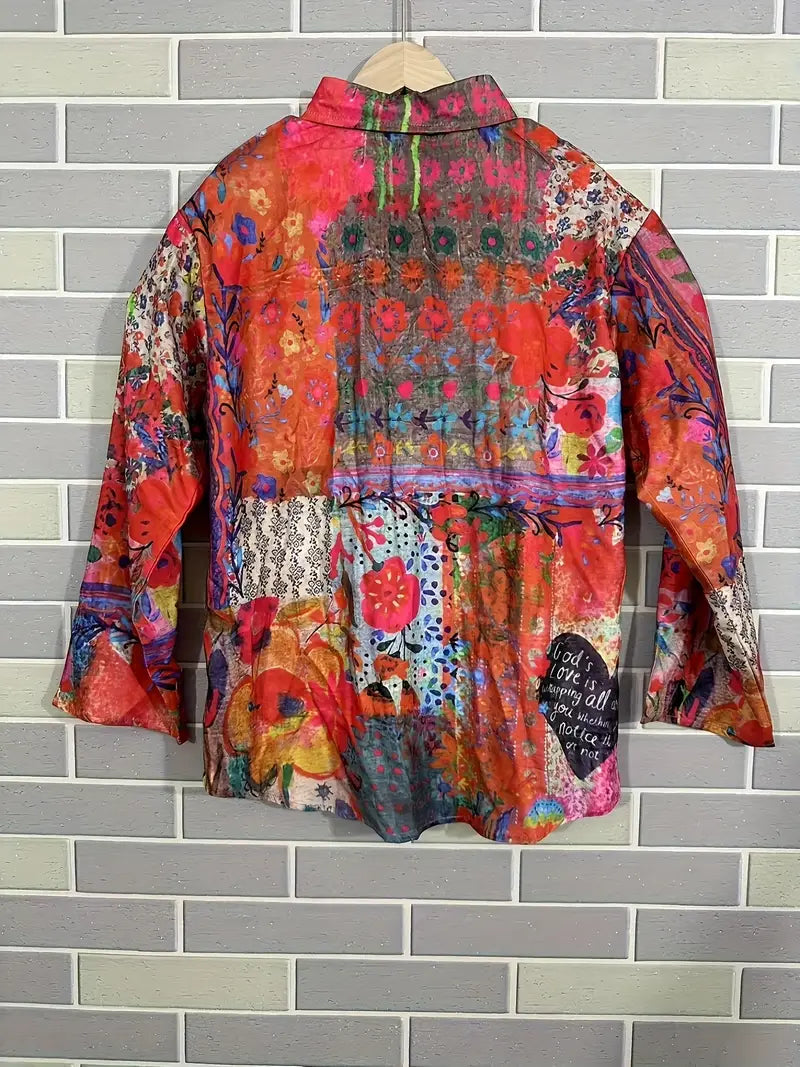 Vintage Red Heart Floral Art Print Casual Shirt with Pocket