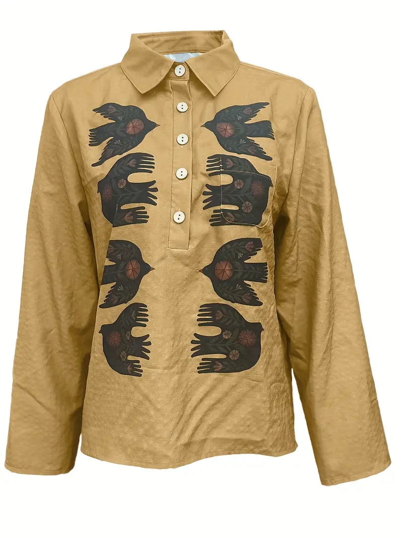 Vintage Black Birds Art Print Casual Shirt with Pocket
