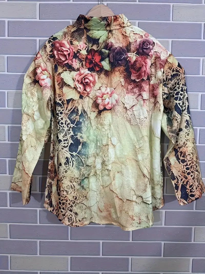 Vintage 3D Floral Art Print Casual Shirt with Pocket