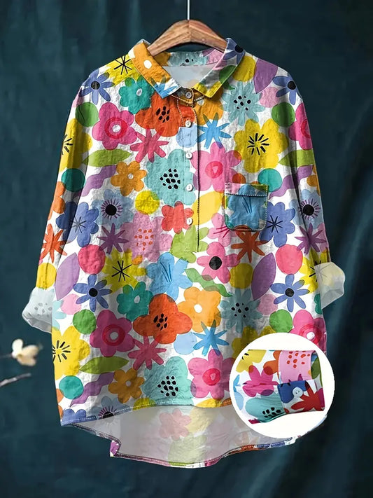 Vintage Cool Floral Art Print Casual Shirt with Pocket