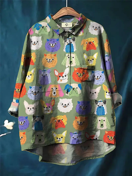 Vintage Cat Face Art Print Casual Shirt with Pocket
