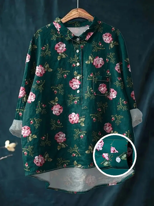 Vintage Green & Pink Art Print Casual Shirt with Pocket
