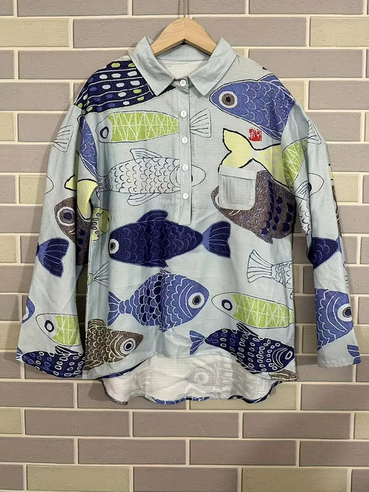 Vintage Fhish Art Print Casual Shirt with Pocket