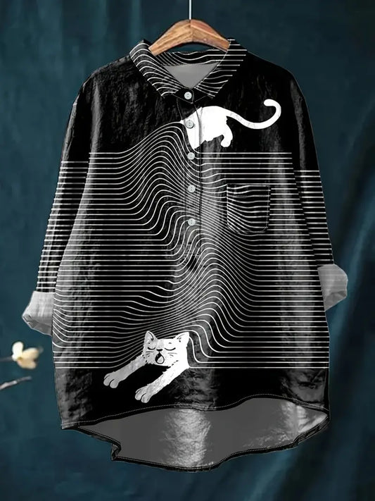 Vintage Black Cat Art Print Casual Shirt with Pocket