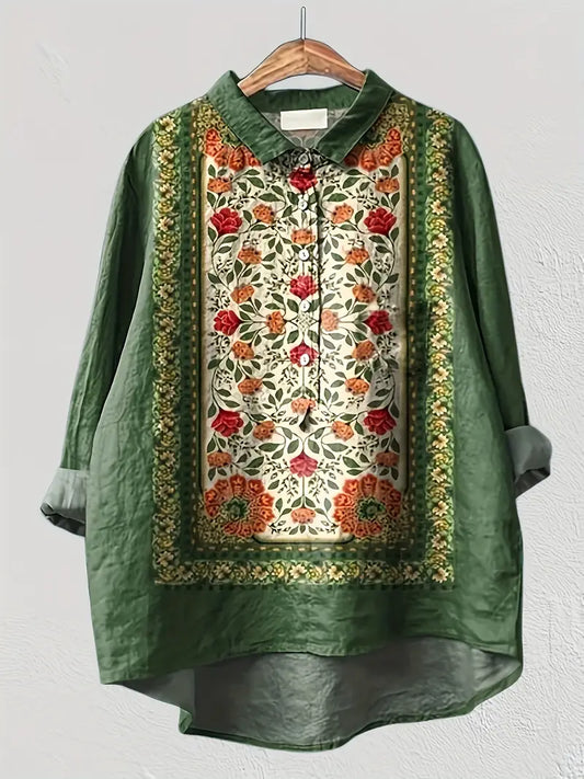 Vintage Green Floral Art Print Casual Shirt with Pocket