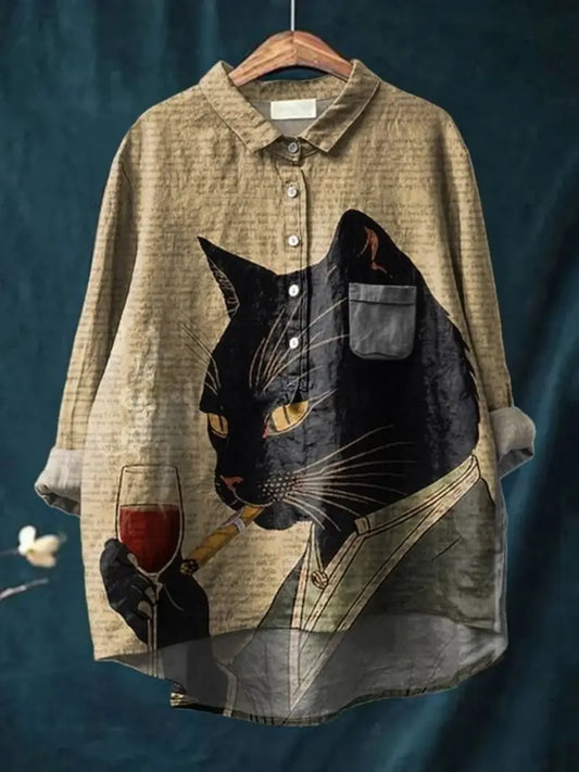 Vintage Cat Art Print Casual Shirt with Pocket