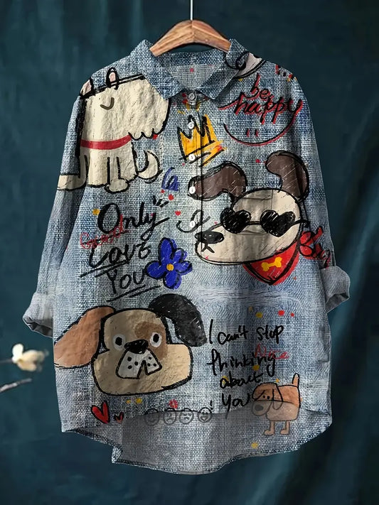 Vintage Dog Art Print Casual Shirt with Pocket