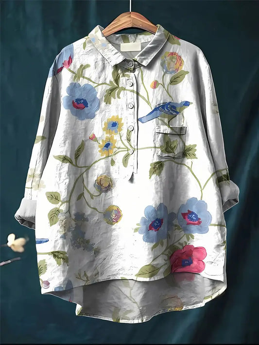 Vintage Blue Birds Floral Art Print Casual Shirt with Pocket
