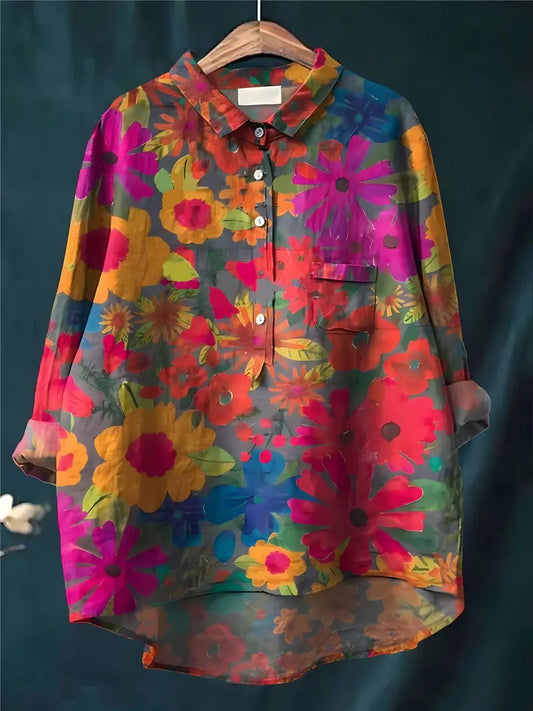 Vintage Nice Floral Art Print Casual Shirt with Pocket