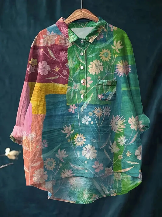 Vintage Big Floral Art Print Casual Shirt with Pocket