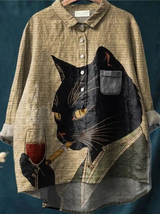 Vintage Cat Art Print Casual Shirt with Pocket