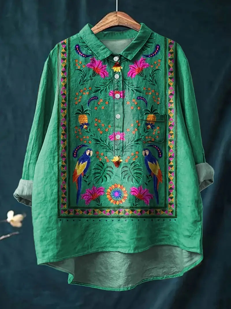 Vintage Birds Art Print Casual Shirt with Pocket