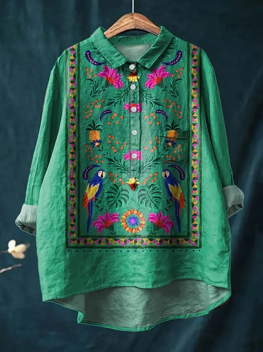 Vintage Birds Art Print Casual Shirt with Pocket