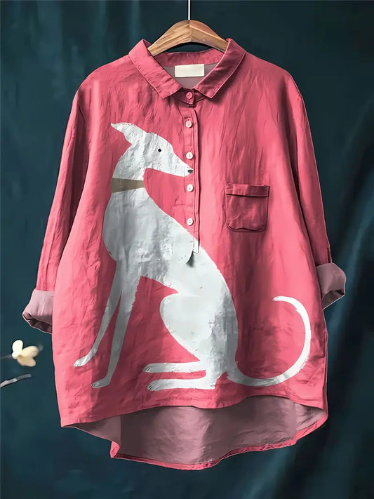 Vintage Pink Dog Art Print Casual Shirt with Pocket