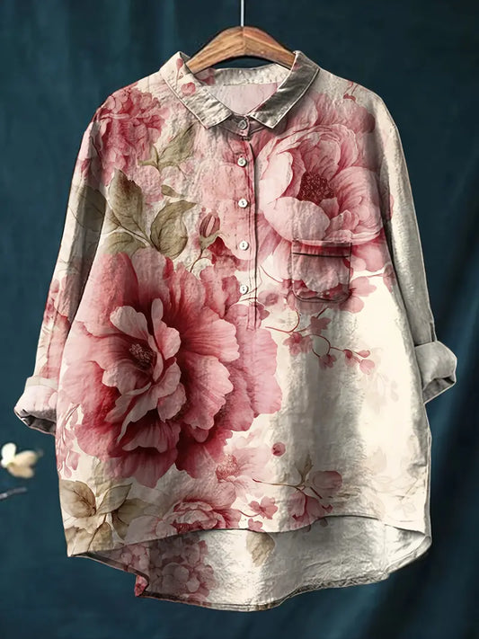 Vintage Big Rose Art Print Casual Shirt with Pocket
