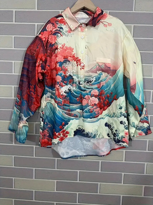 Vintage Blue Floral Art Print Casual Shirt with Pocket