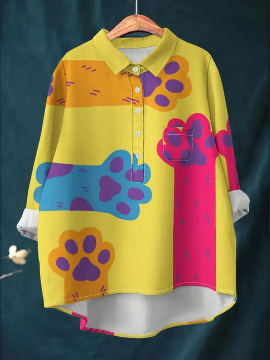 Vintage Dog Foot Art Print Casual Shirt with Pocket