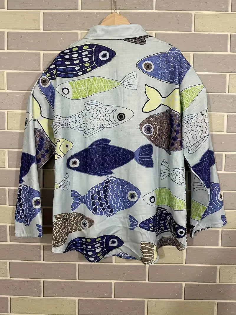 Vintage Fhish Art Print Casual Shirt with Pocket