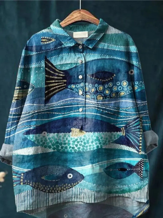 Vintage Big See Fish Art Print Casual Shirt with Pocket