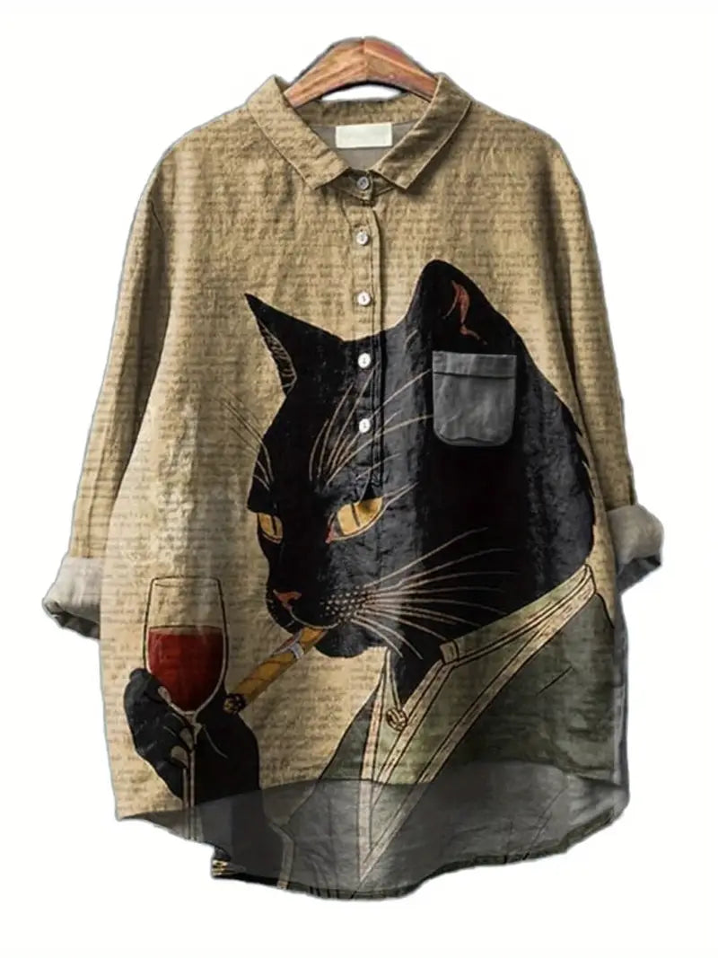 Vintage Cat Art Print Casual Shirt with Pocket