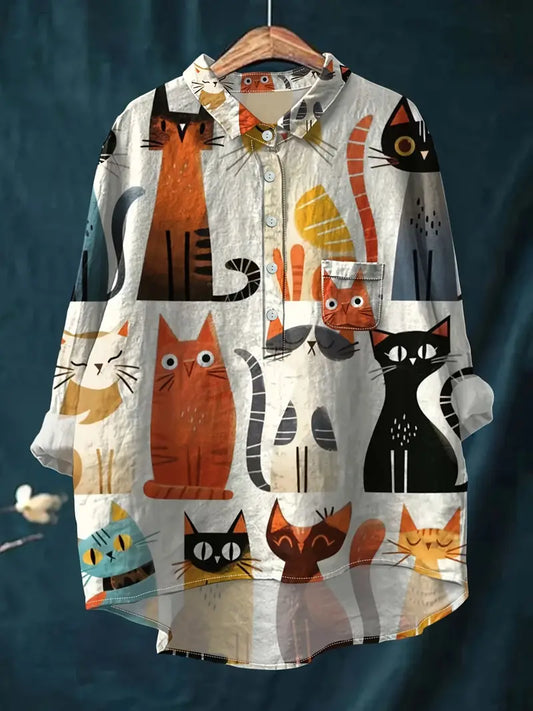 Vintage Cat's Art Print Casual Shirt with Pocket