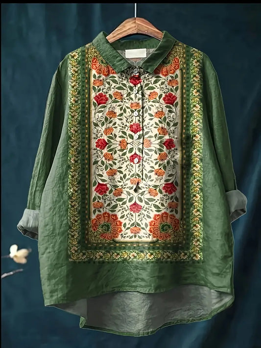 Vintage Green Floral Art Print Casual Shirt with Pocket