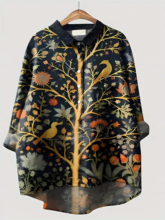 Vintage Black Tree Art Print Casual Shirt with Pocket