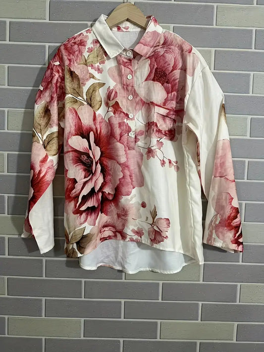 Vintage Big Rose Art Print Casual Shirt with Pocket