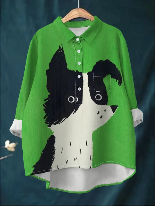 Vintage Green Dog Art Print Casual Shirt with Pocket