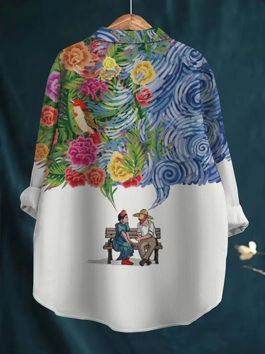 Vintage Couple Art Print Casual Shirt with Pocket