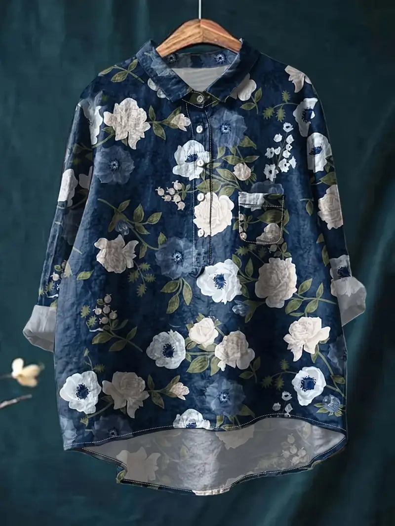 Vintage Dark Floral Art Print Casual Shirt with Pocket