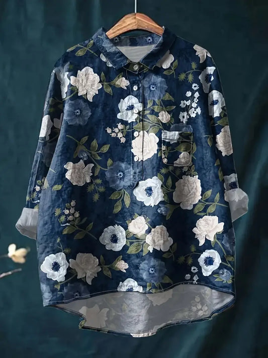 Vintage Dark Floral Art Print Casual Shirt with Pocket