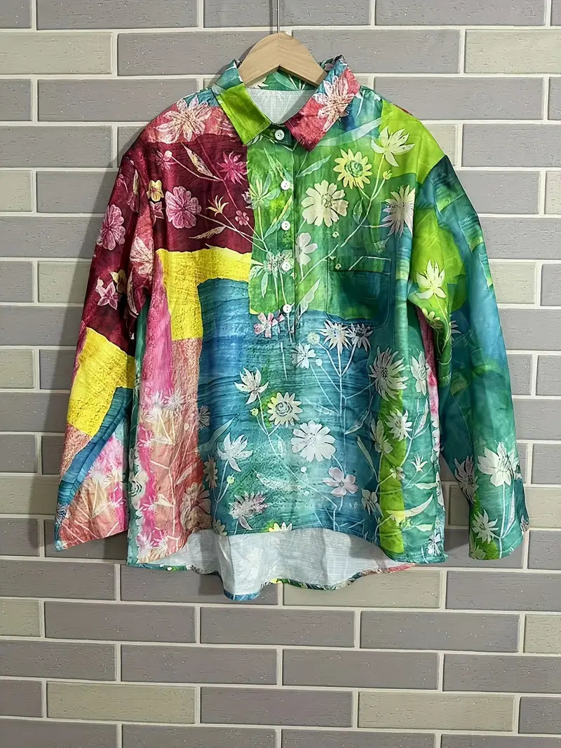 Vintage Big Floral Art Print Casual Shirt with Pocket