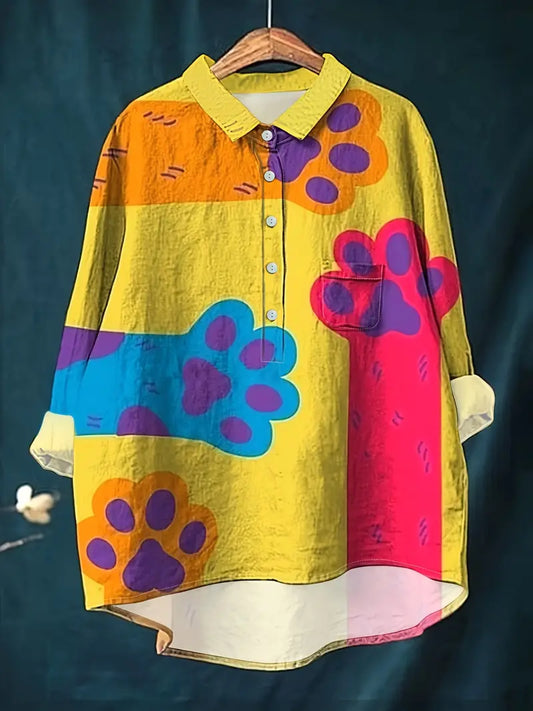 Vintage Dog Foot Art Print Casual Shirt with Pocket