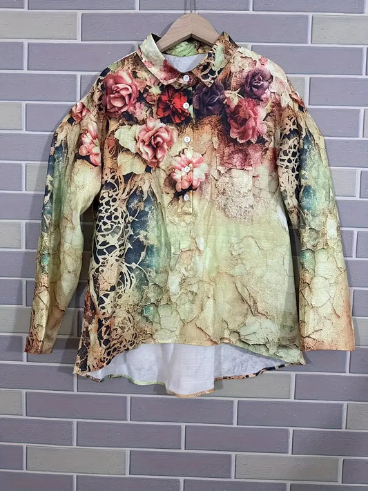Vintage 3D Floral Art Print Casual Shirt with Pocket