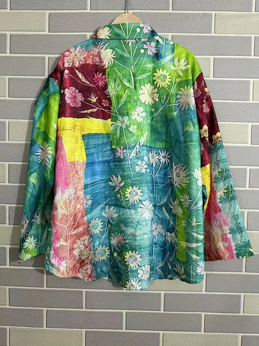 Vintage Big Floral Art Print Casual Shirt with Pocket