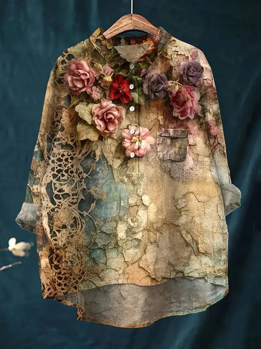 Vintage 3D Floral Art Print Casual Shirt with Pocket