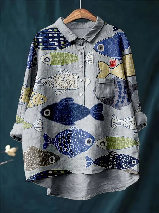 Vintage Fhish Art Print Casual Shirt with Pocket