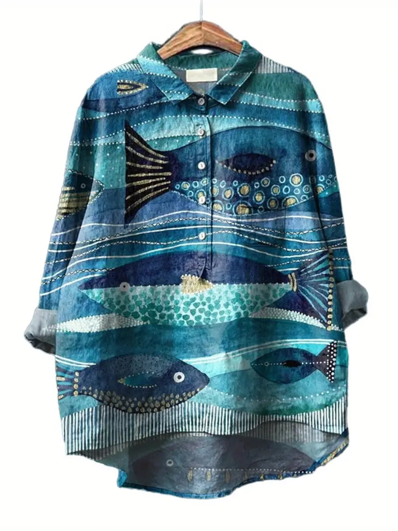 Vintage Big See Fish Art Print Casual Shirt with Pocket