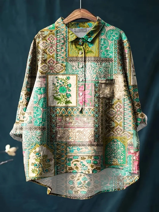 Vintage Floral Art Print Casual Shirt with Pocket