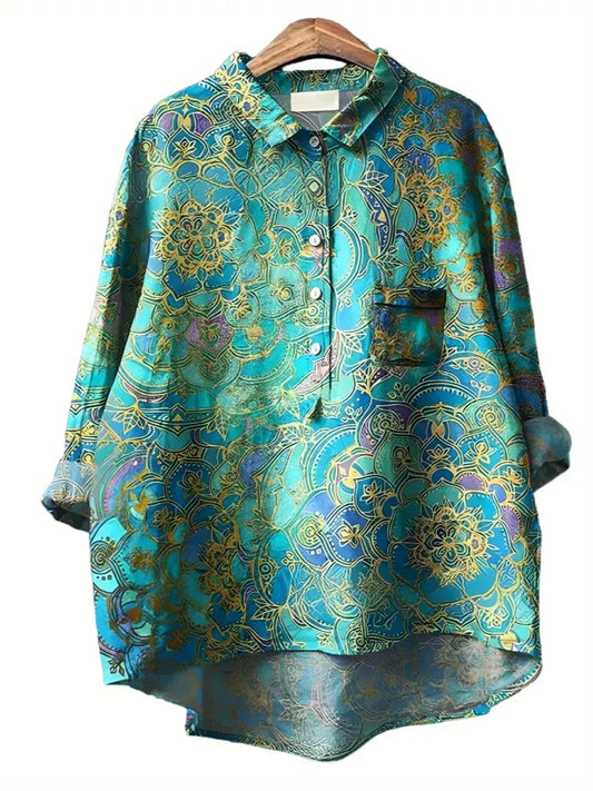 Vintage Floral Art Print Casual Shirt with Pocket