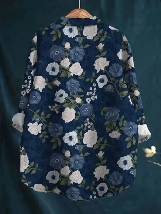 Vintage Dark Floral Art Print Casual Shirt with Pocket