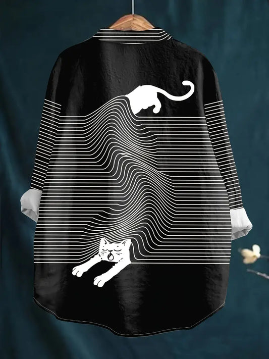 Vintage Black Cat Art Print Casual Shirt with Pocket