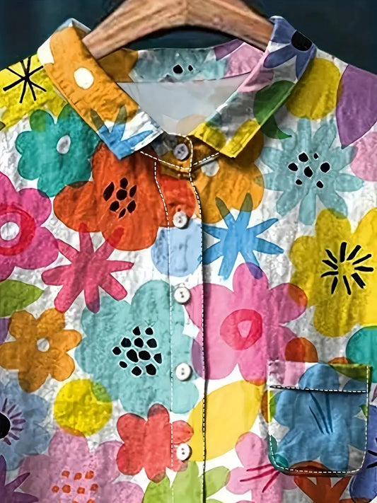 Vintage Cool Floral Art Print Casual Shirt with Pocket