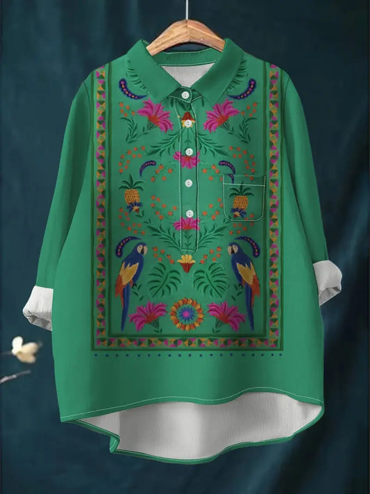 Vintage Birds Art Print Casual Shirt with Pocket